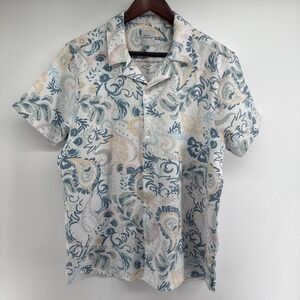 Coastal Linen Look Modern Essex Crossing Floral Paisley Button Short Sleeve Sz L